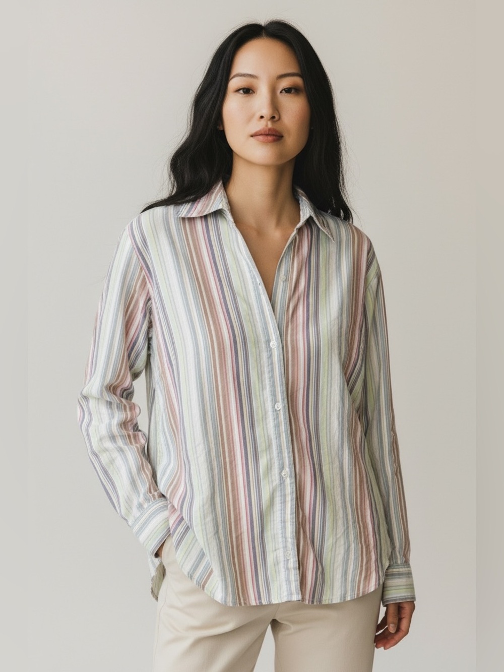 Lemon Grass Pastel Multi-Stripe Button-Down Shirt